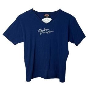 Harley Davidson VTG Y2K Embroidered V-Neck Baby Tee T-Shirt Navy Blue L Large